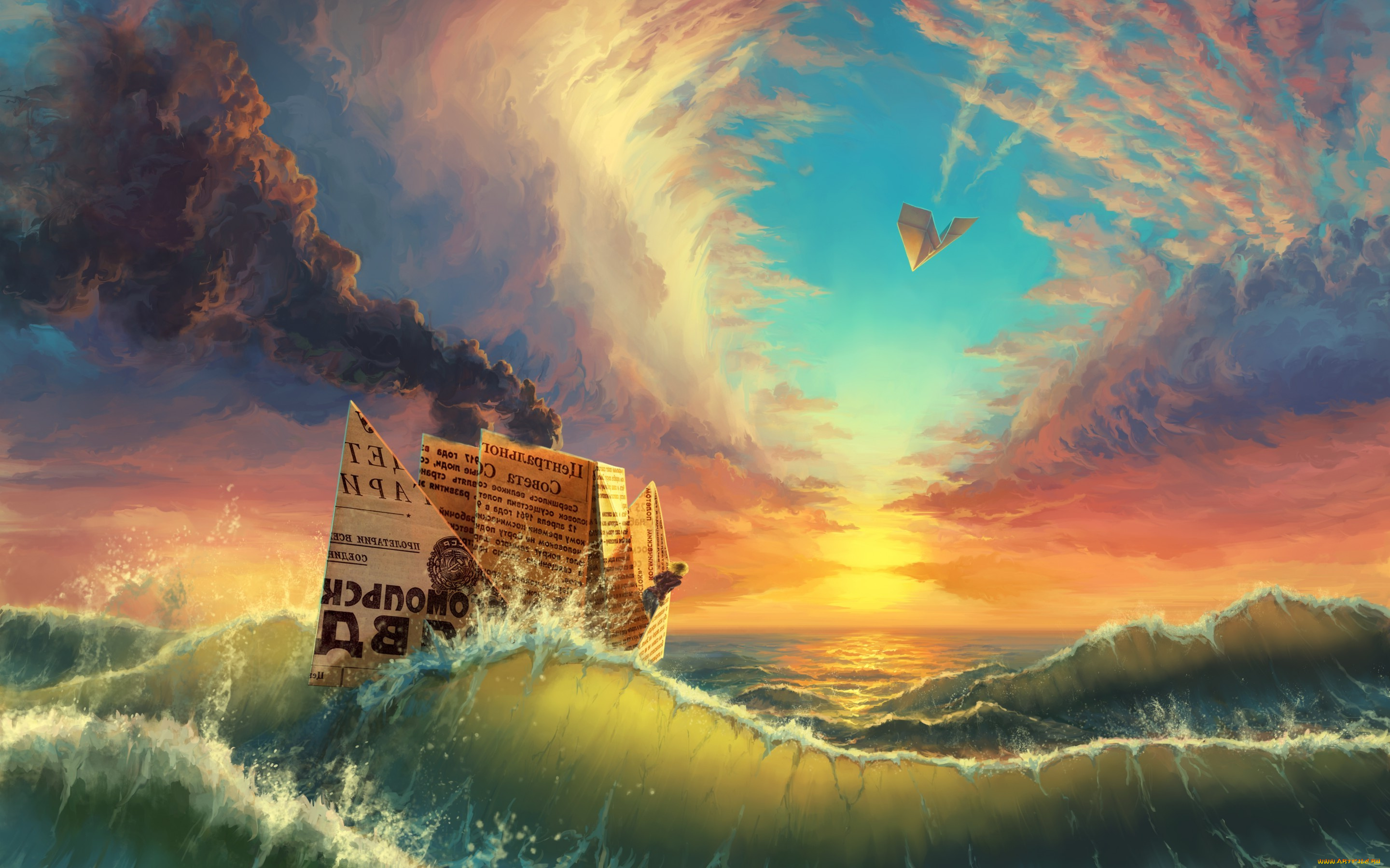 фэнтези, корабли, путешествие, кораблик, газета, море, облака