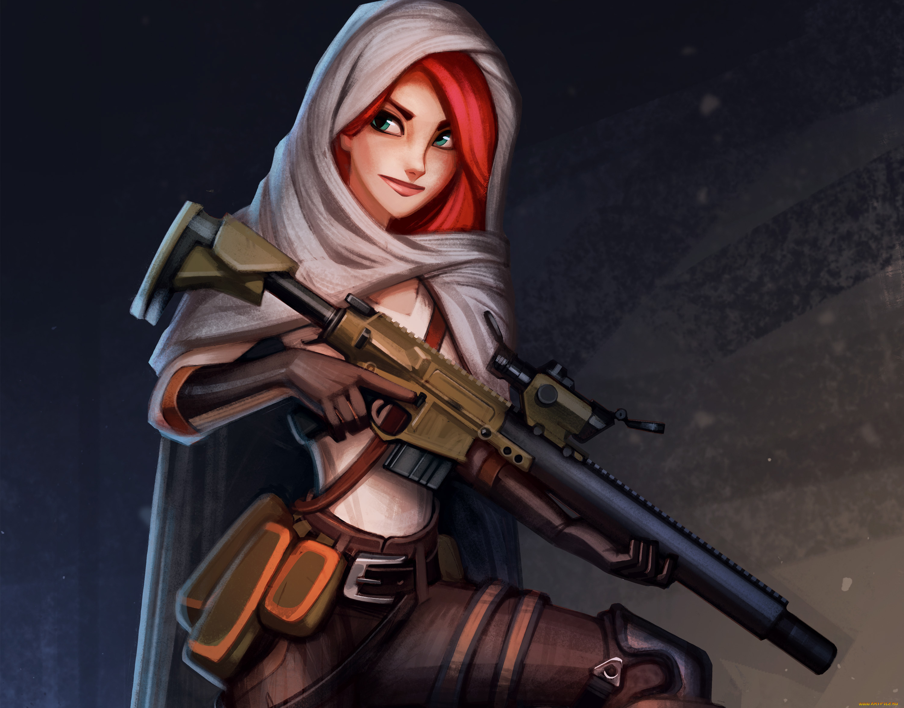 фэнтези, девушки, взгляд, красные, волосы, арт, поза, оружие, зеленые, глаза, девушка