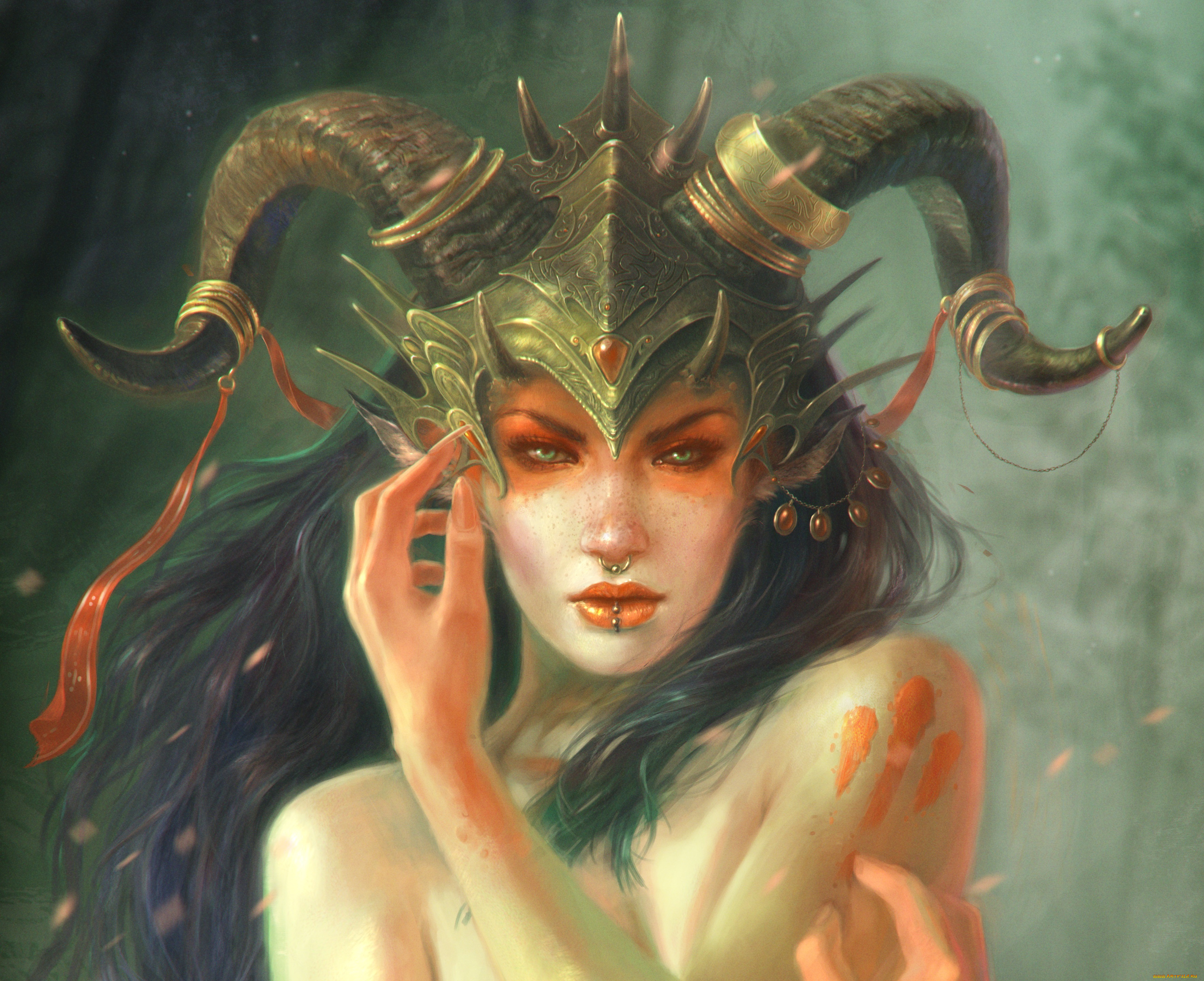 фэнтези, девушки, рожки, грудь, фантастика, девушка, волосы, голая, пирсинги