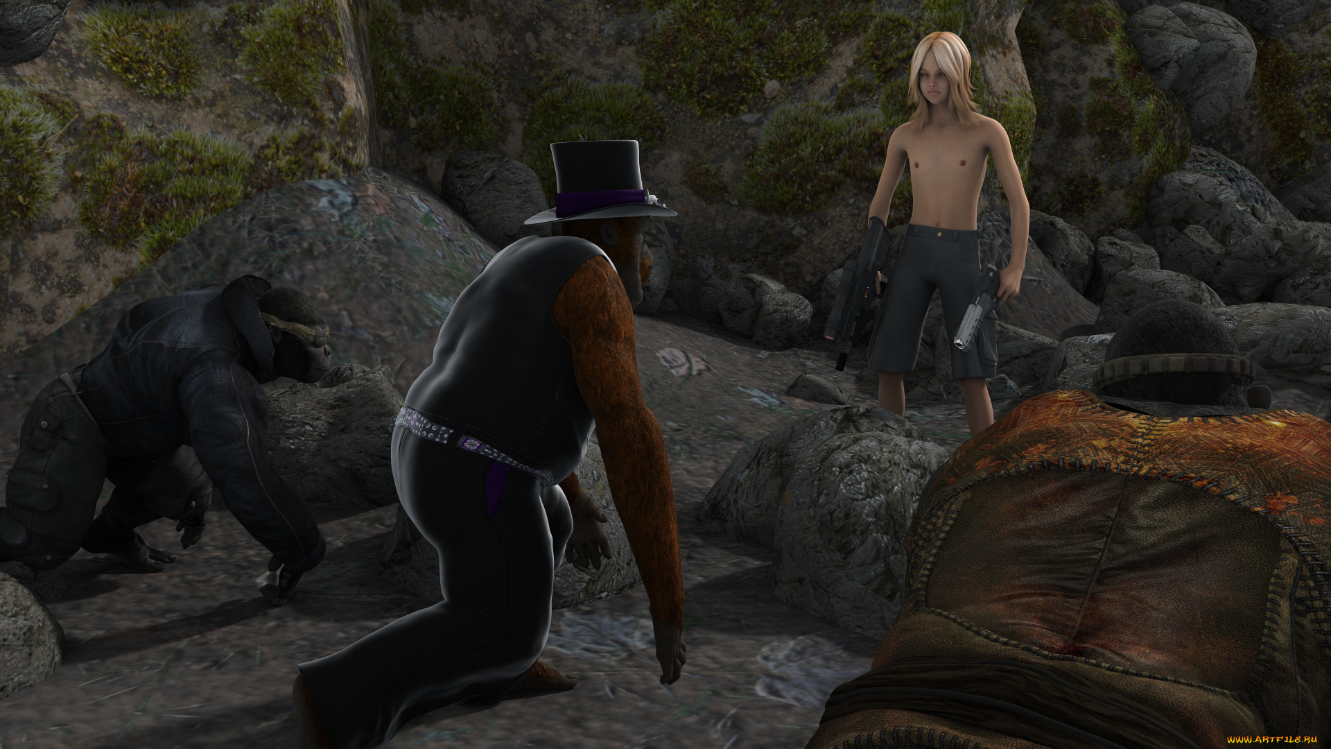 3д, графика, фантазия, , fantasy, фон, взгляд, парень, обезьяны