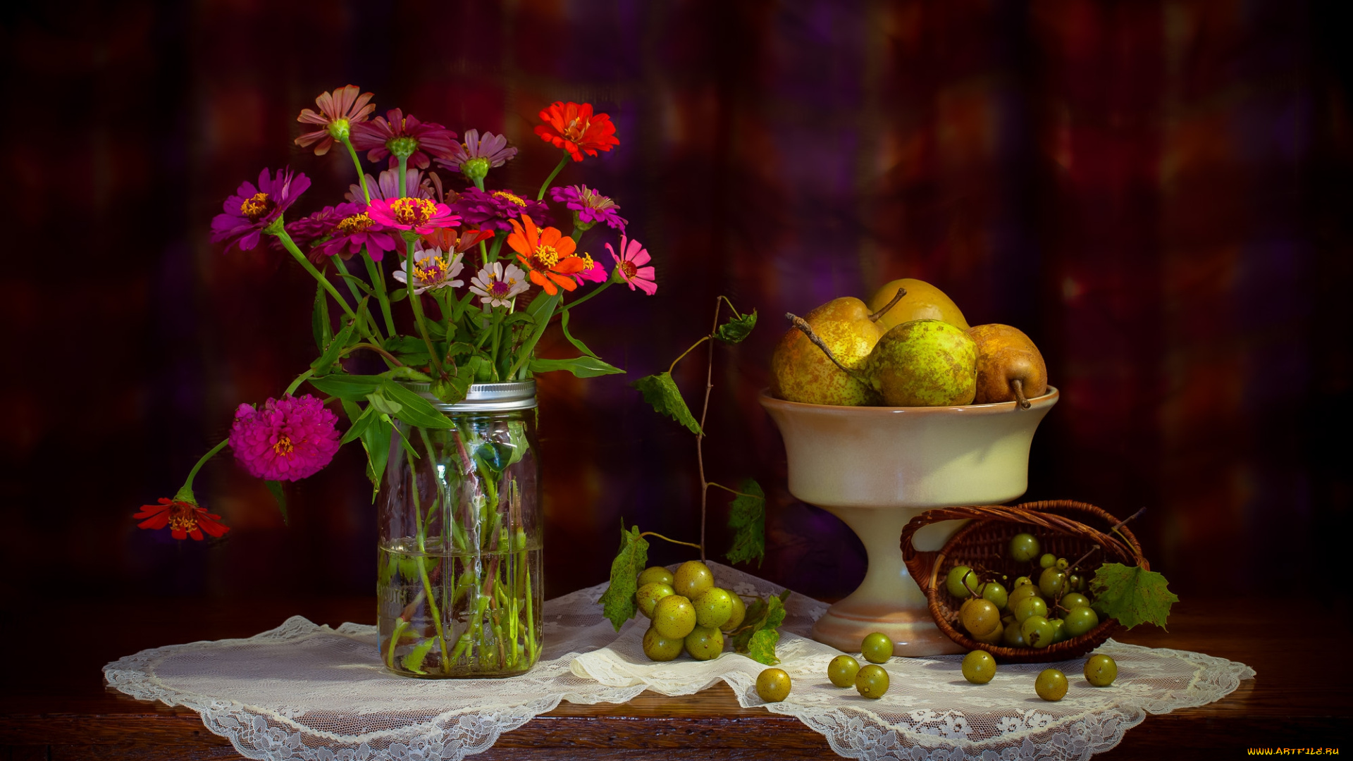 еда, натюрморт, цветы, фрукты
