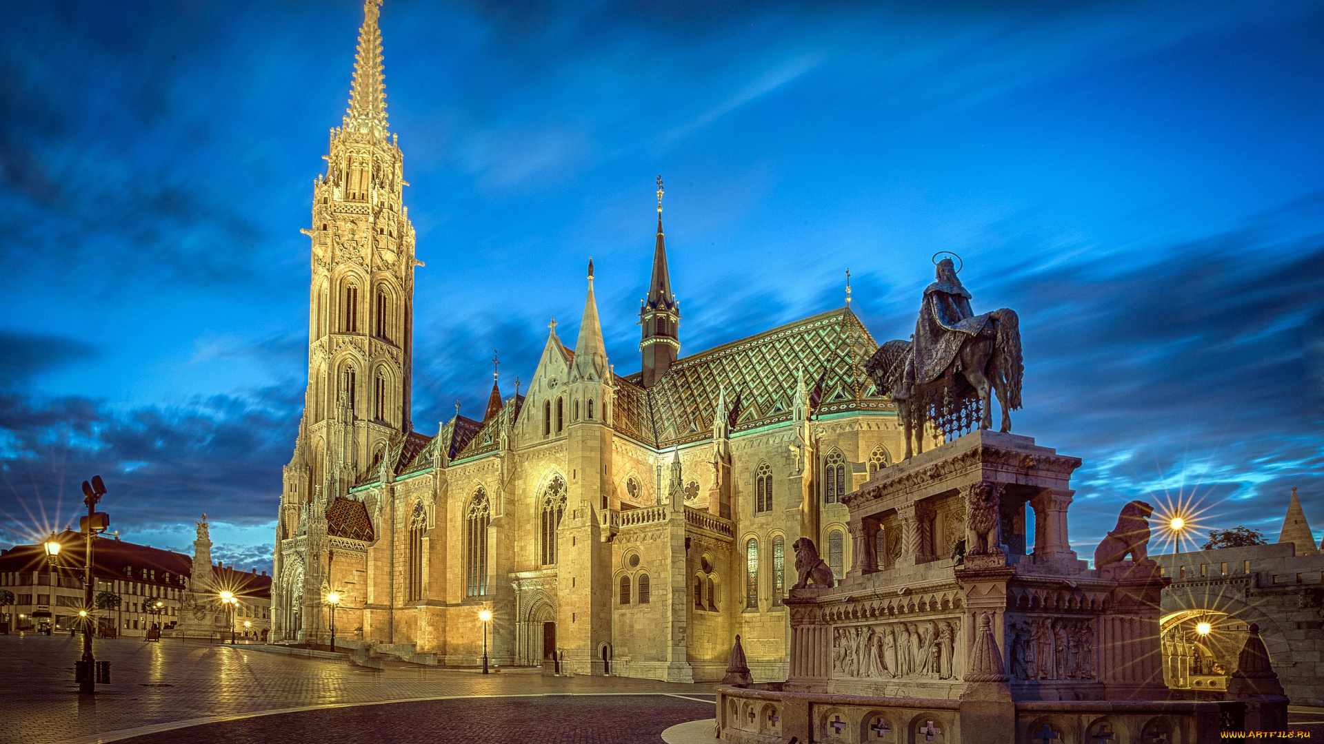 города, будапешт, , венгрия, вечер, памятник, собор, площадь