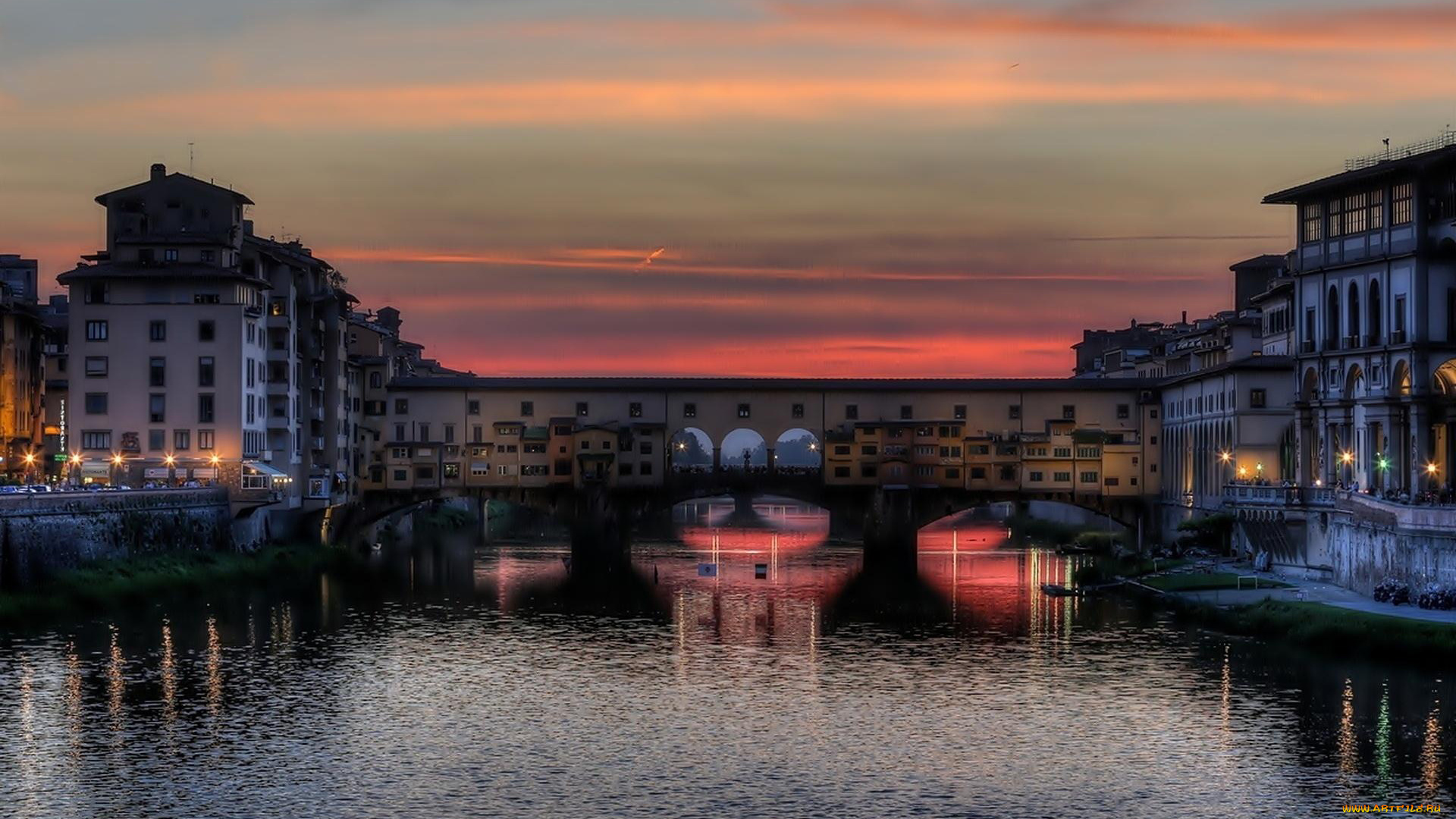 города, флоренция, , италия, река, вечер, мост