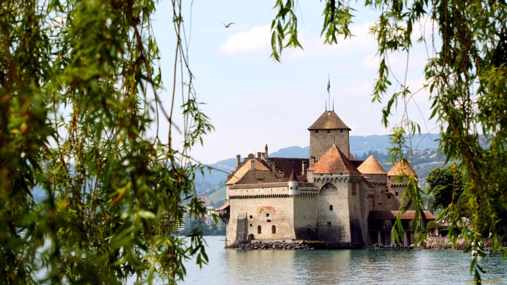 города, шильонский, замок, , швейцария, вода, замок, река
