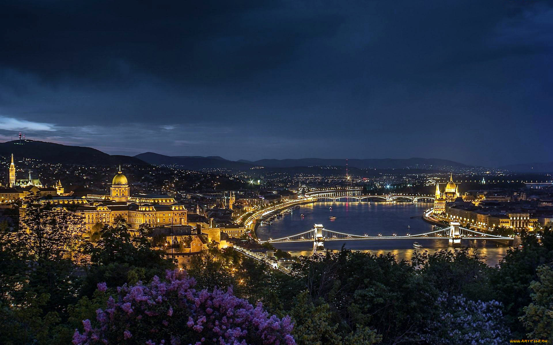 города, будапешт, , венгрия, река, ночь, огни, мост, панорама