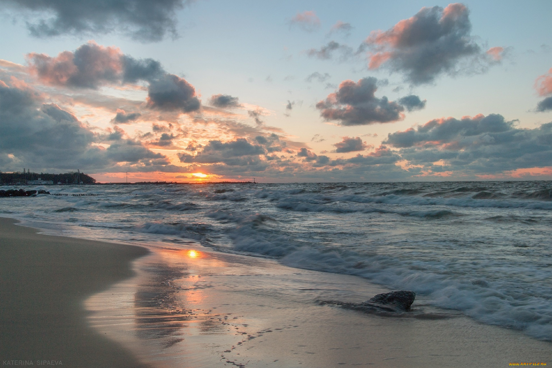 природа, побережье, берег, сипаева, катерина, волны, мокрый, песок, закат, балтийское, море