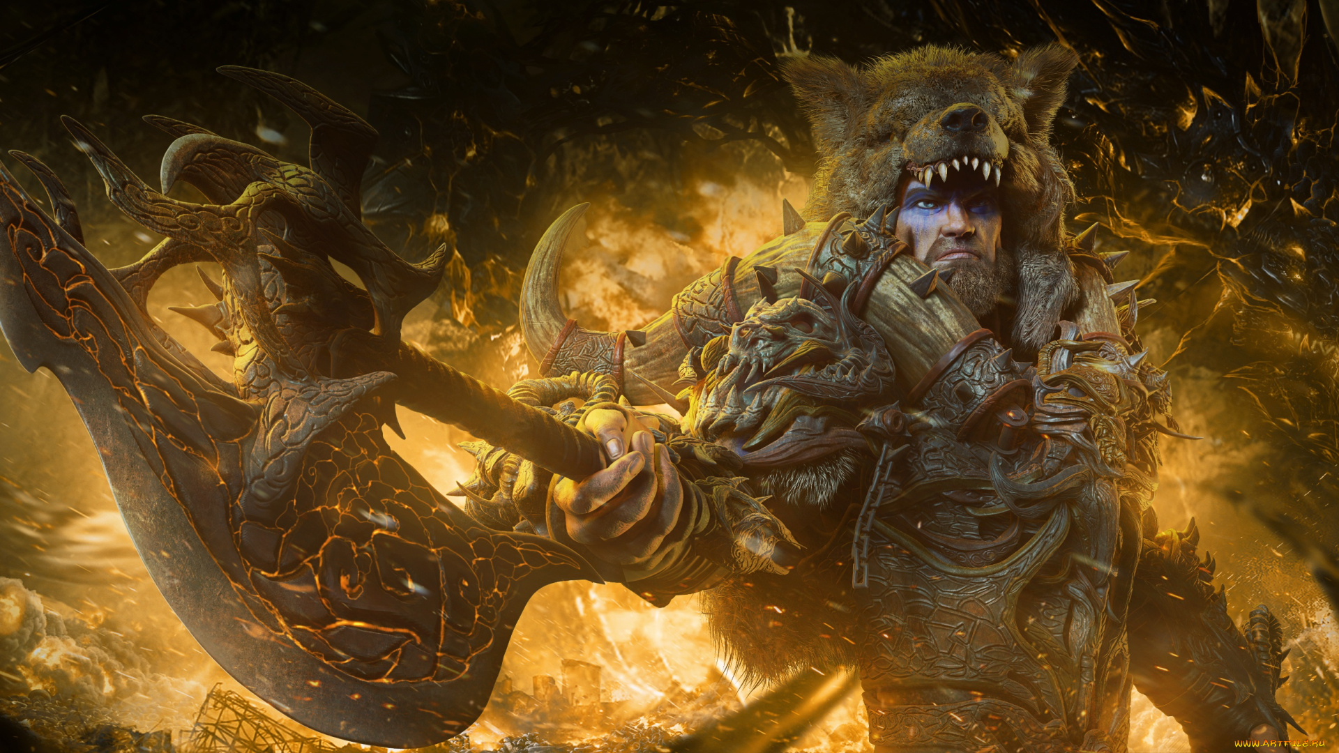 3д, графика, фантазия, , fantasy, огонь, мужчина, raaka, демон, воин, медведь, варвар