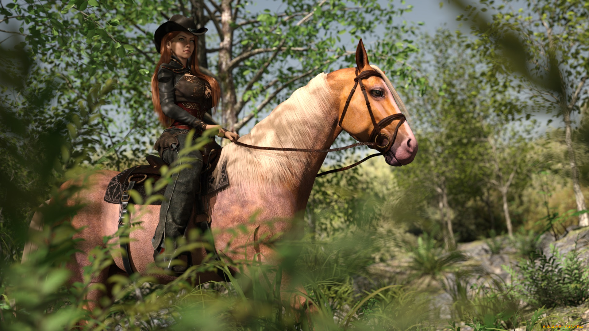 3д, графика, люди, и, животные, , people, and, animals, лошадь, фон, девушка, взгляд