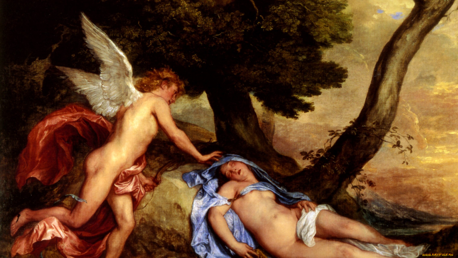 cupidon, et, psyche, huile, sur, toile, рисованное, antoine, van, dyck, дерево, девушка, ангел