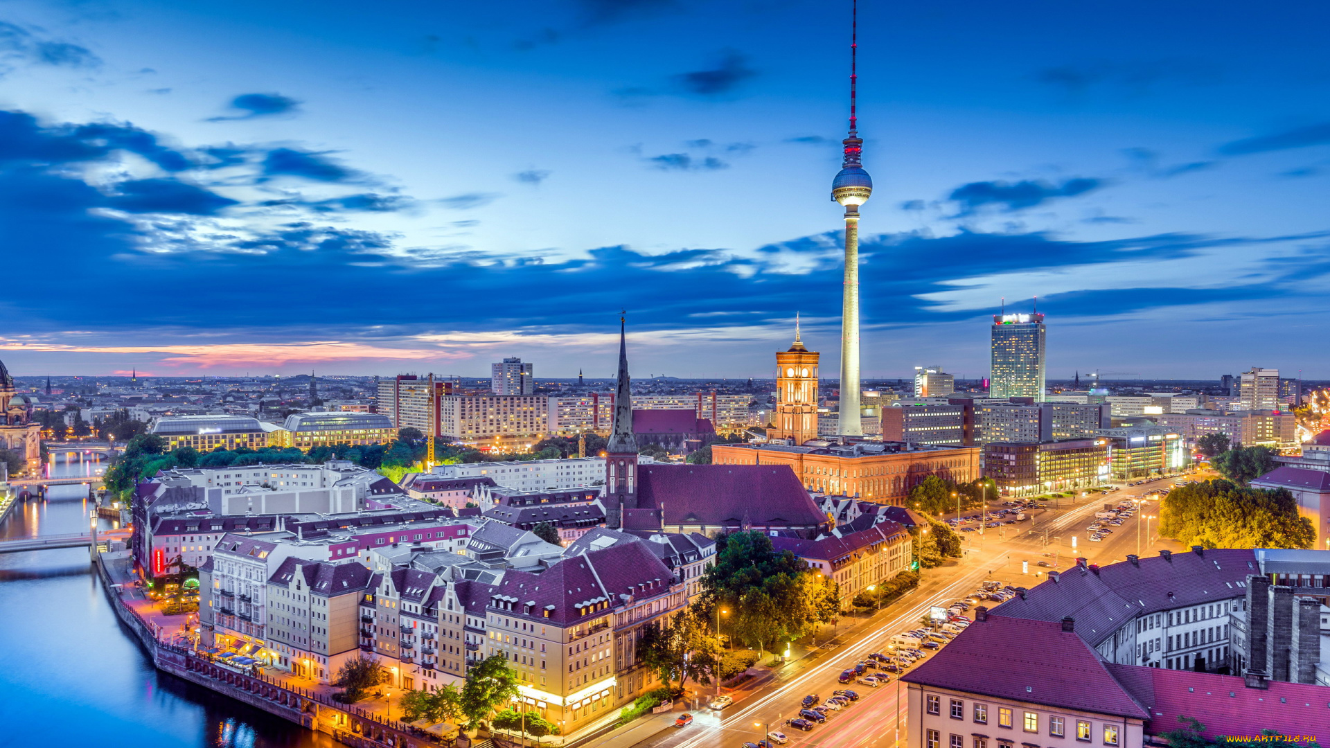 города, берлин, , германия, панорама, огни, вечер