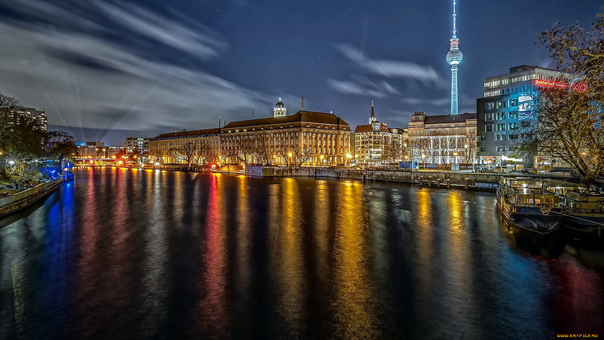 города, берлин, , германия, река, огни, вечер