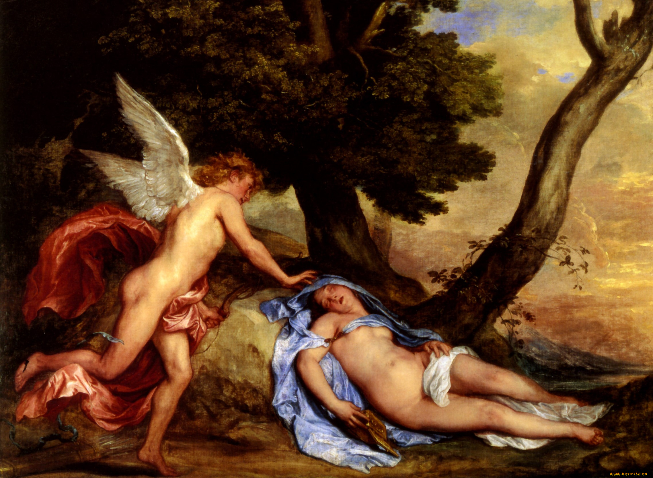 cupidon, et, psyche, huile, sur, toile, рисованное, antoine, van, dyck, дерево, девушка, ангел