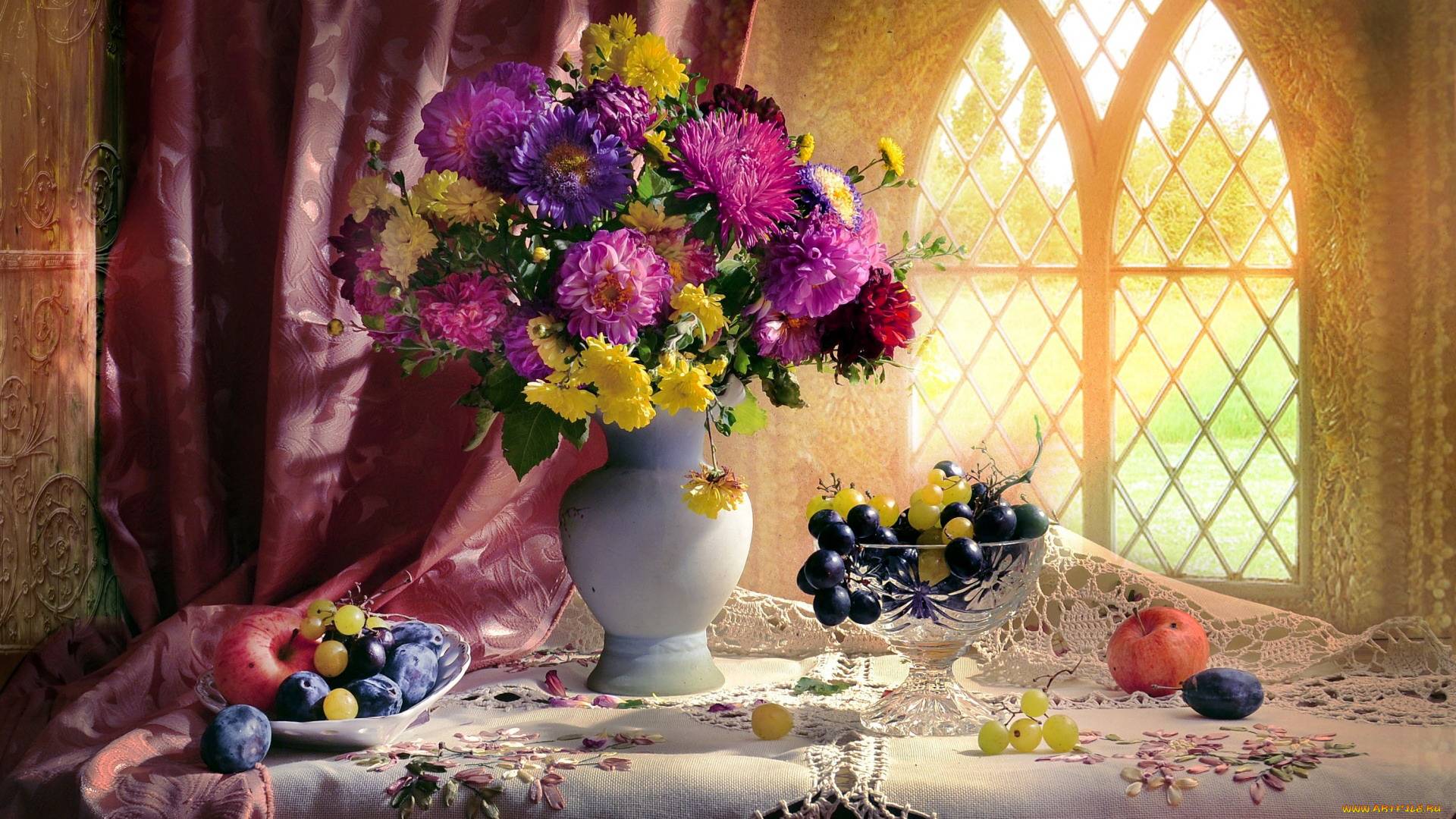 еда, натюрморт, букет, виноград, сливы