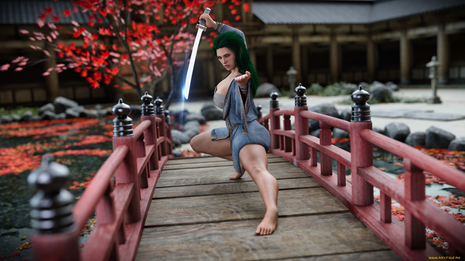 3д, графика, люди, , people, девушка, фон, мостик, поза, сабля