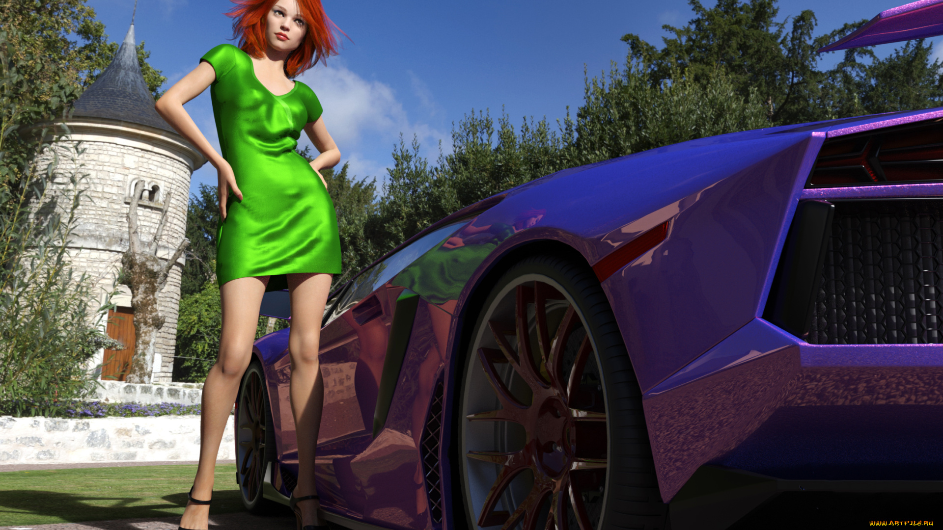 3д, графика, люди-авто, мото, , people-, car, , , moto, девушка, фон, платье, автомобиль