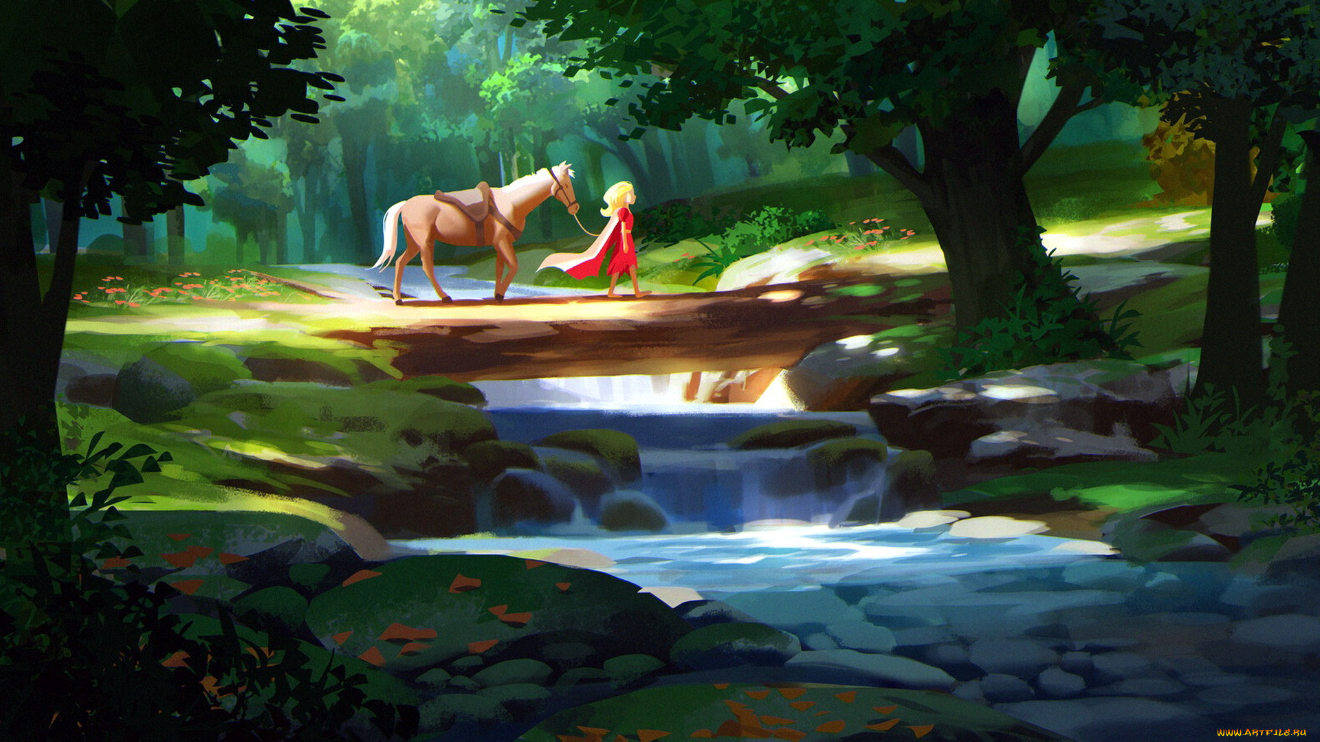 фэнтези, люди, лошадь, девочка, мост, река, лес