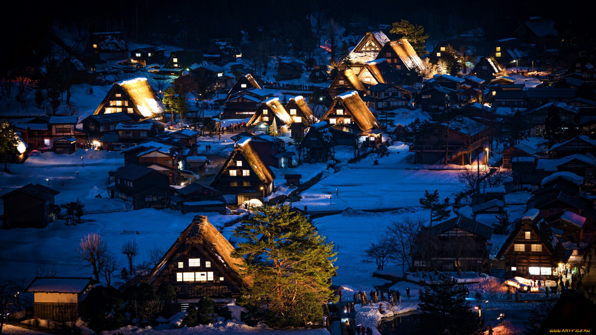shirakawa, gifu, japan, города, -, огни, ночного, города