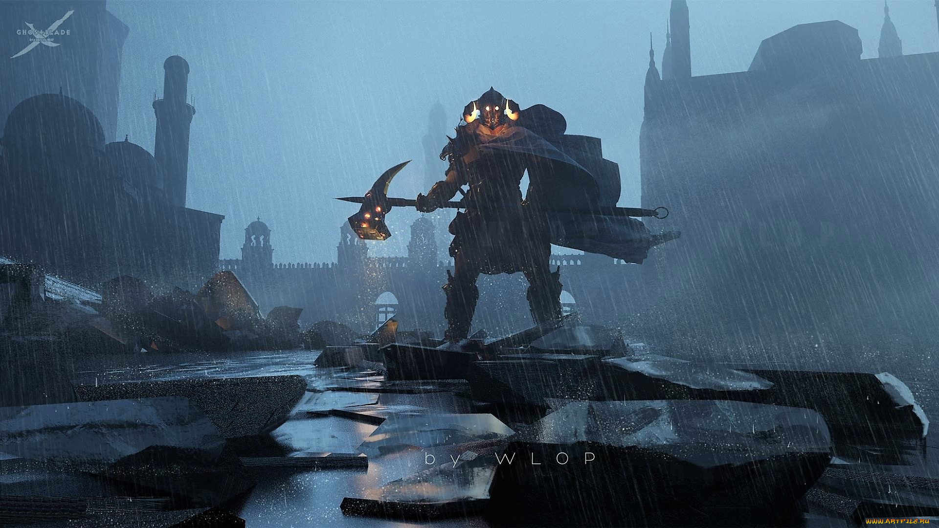 фэнтези, _ghost, blade, , , призрачный, клинок, монстр, плащ, оружие, камни, город, дождь