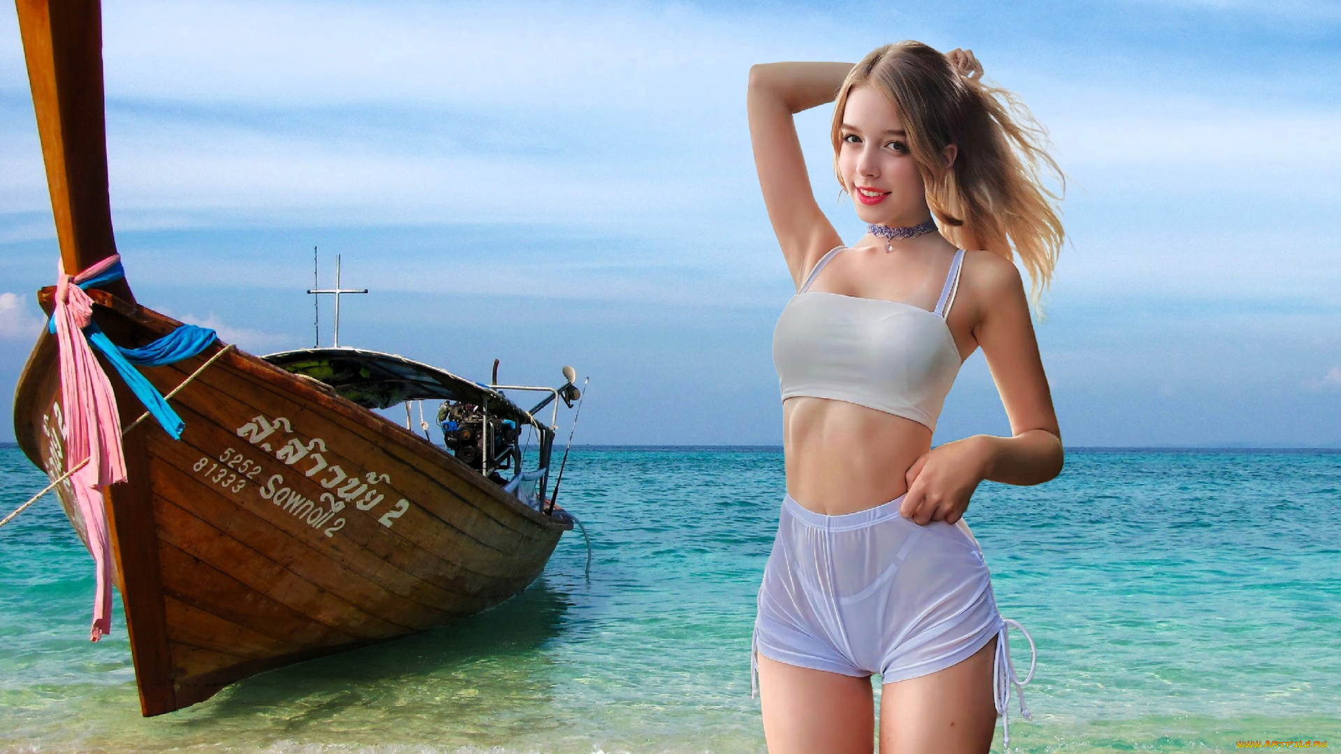 3д, графика, люди, , people, море, лодка, девушка