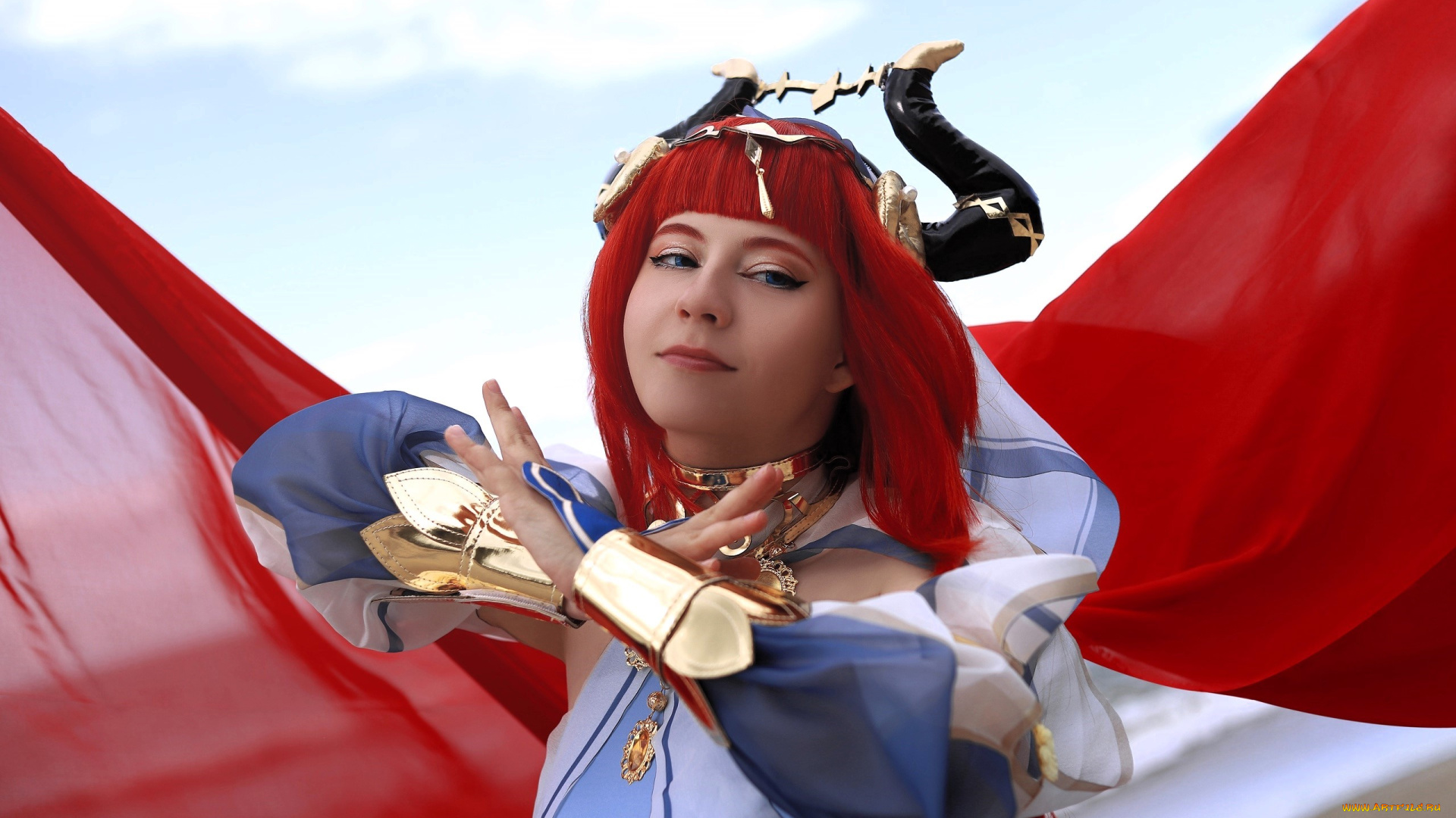 девушки, -, креатив, , косплей, образ, косплей, наряд, костюм, рога, ткань