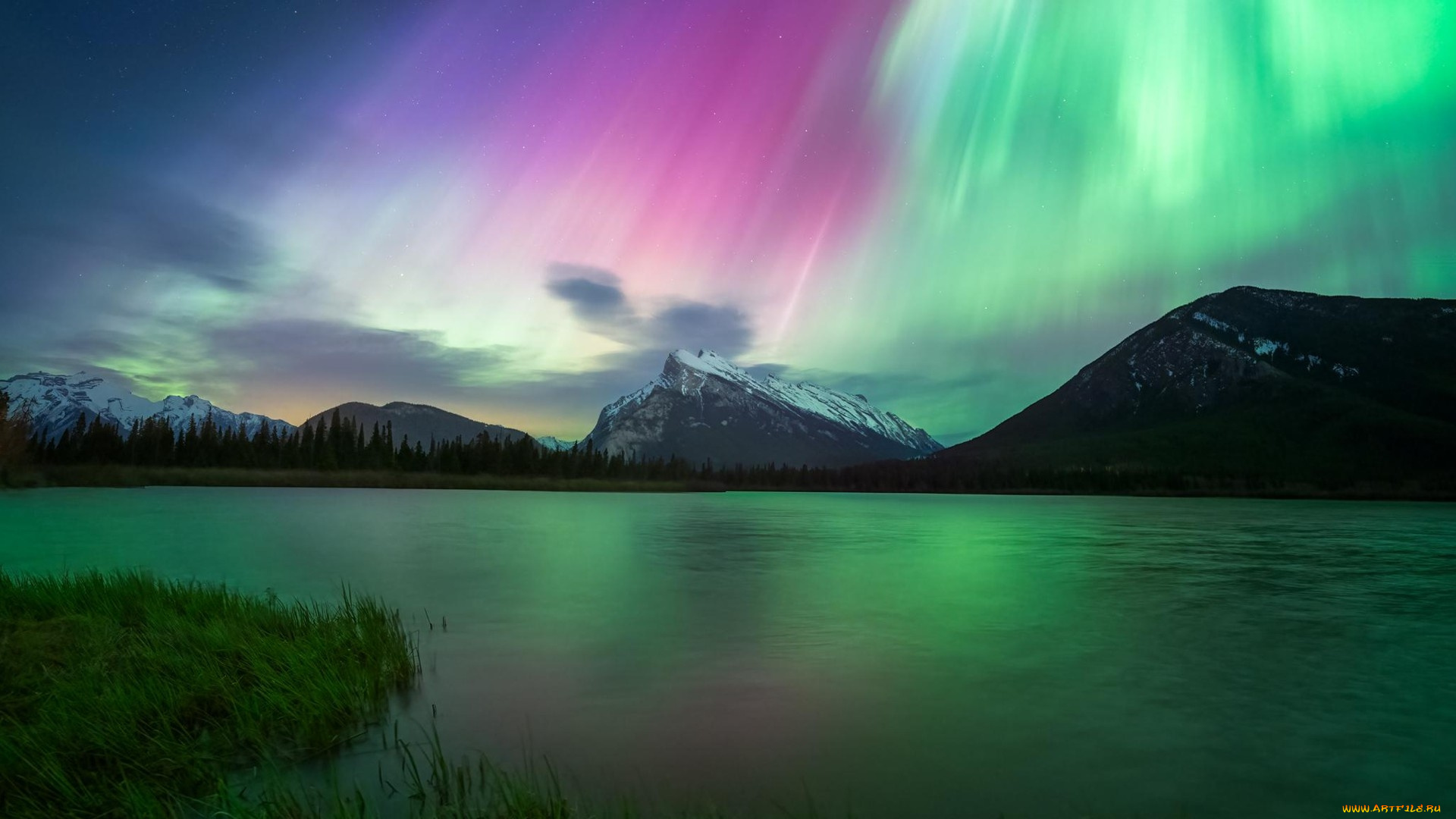 vermilion, lakes, banff, national, park, alberta, природа, северное, сияние, vermilion, lakes, banff, national, park