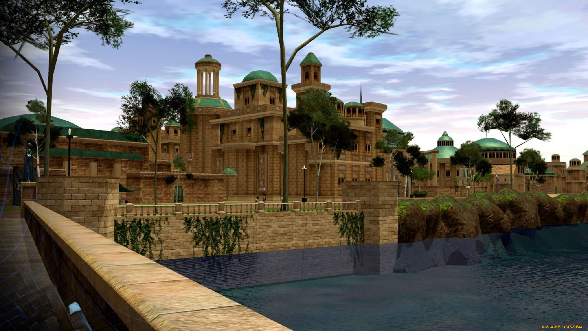 видео, игры, star, wars, , galaxies, здание, дворец, река, мост, деревья