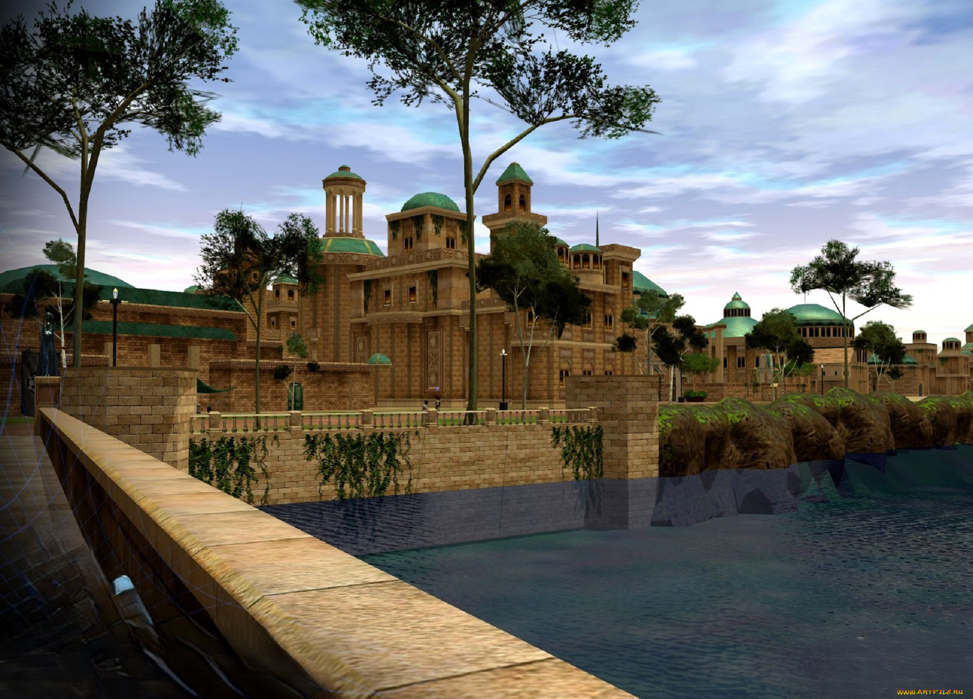 видео, игры, star, wars, , galaxies, здание, дворец, река, мост, деревья