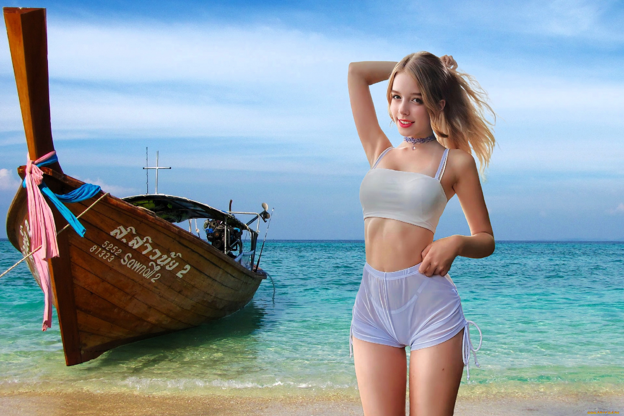 3д, графика, люди, , people, море, лодка, девушка