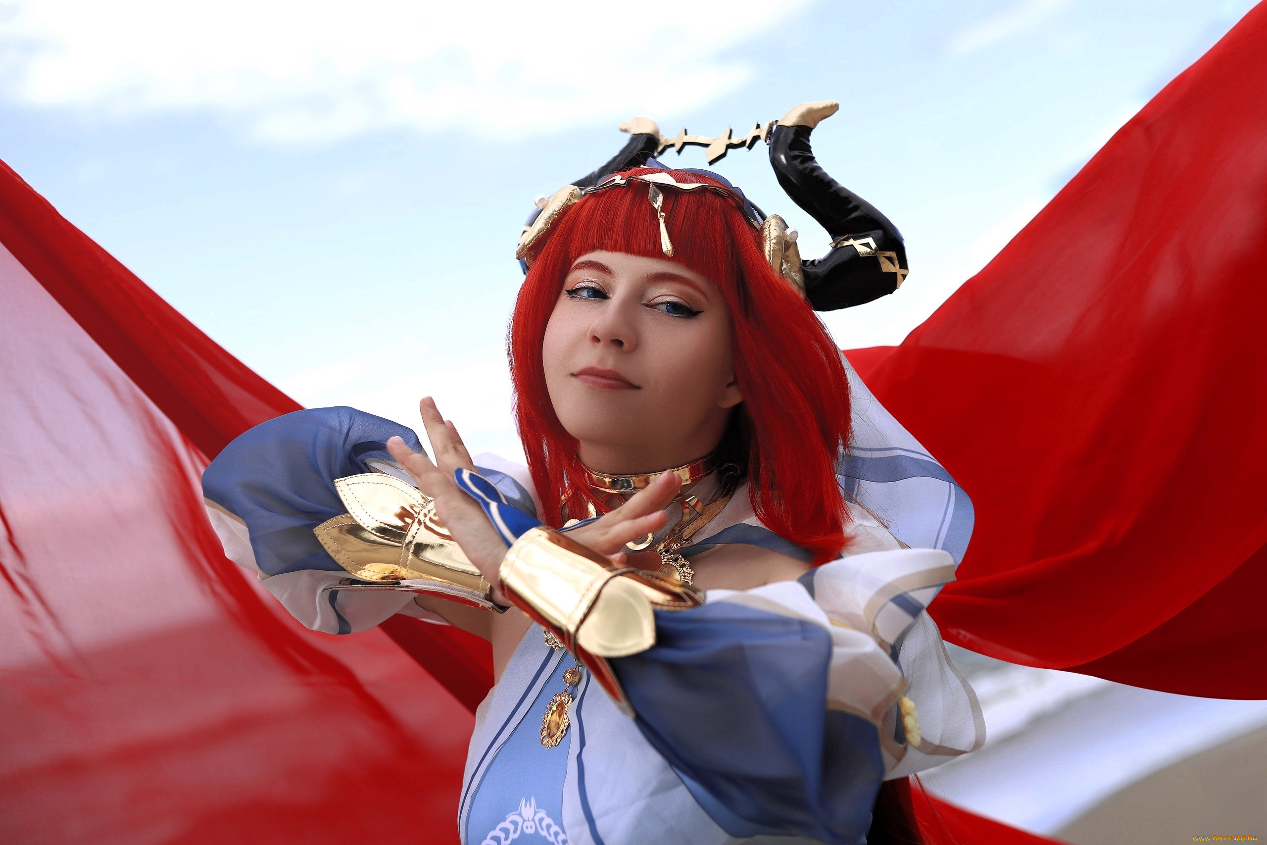 девушки, -, креатив, , косплей, образ, косплей, наряд, костюм, рога, ткань