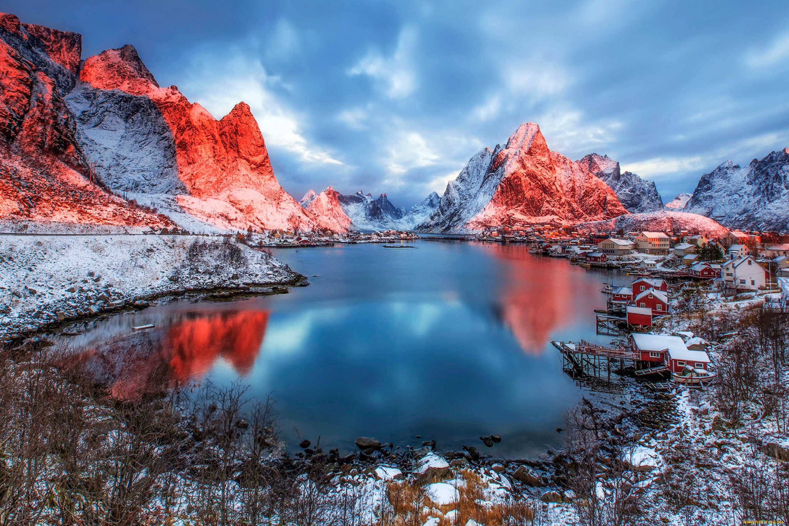 города, лофотенские, острова, , норвегия, горы, фьорд, зима, дома