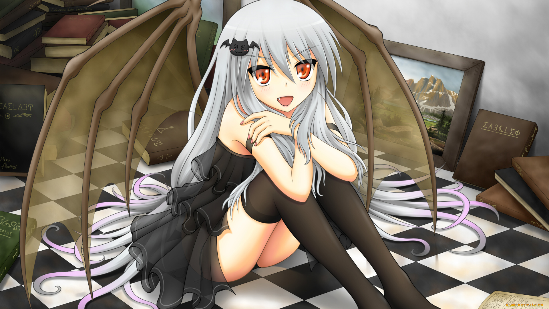 аниме, angels, demons, девушка, демон, крылья, книги, картины, платье, заколка