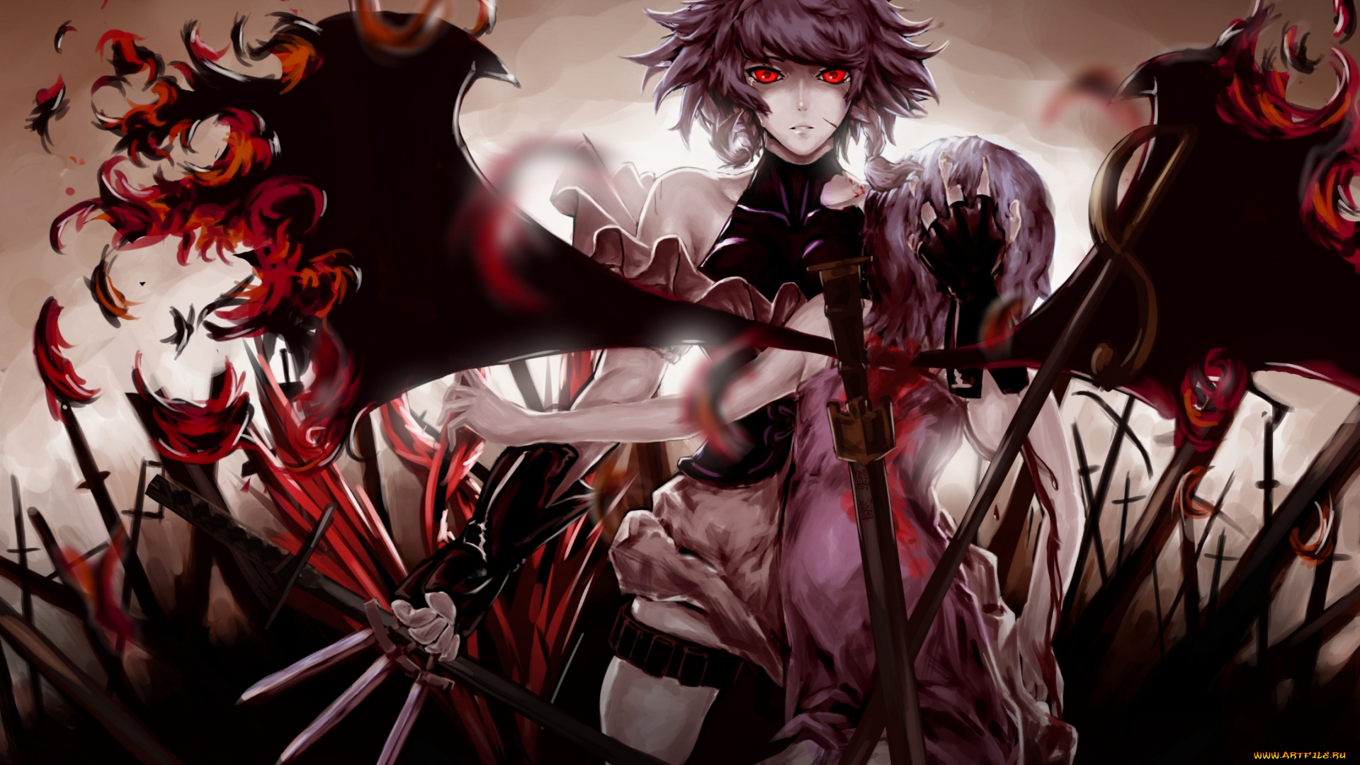 аниме, touhou, remilia, scarlet, izayoi, sakuya, оружие, девушка, feitie, меч, кинжал, крылья