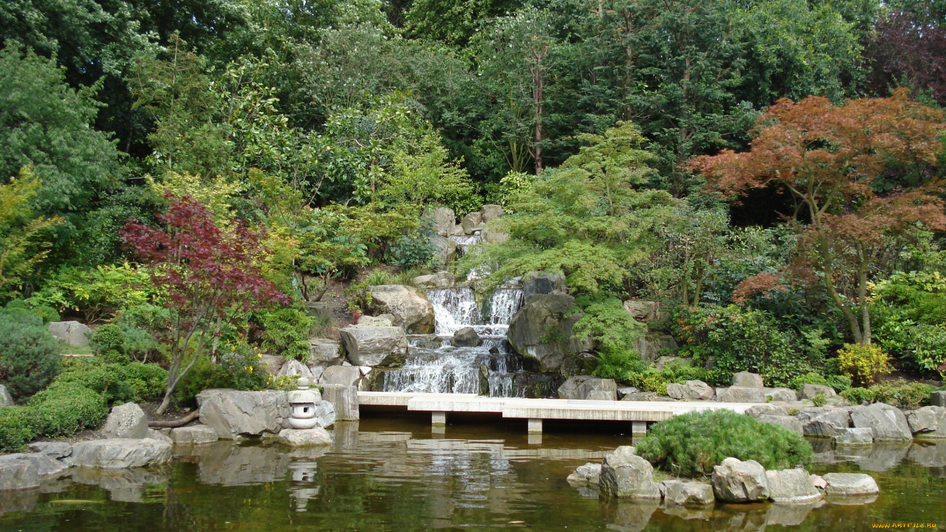 природа, парк, водоем, водопад, деревья