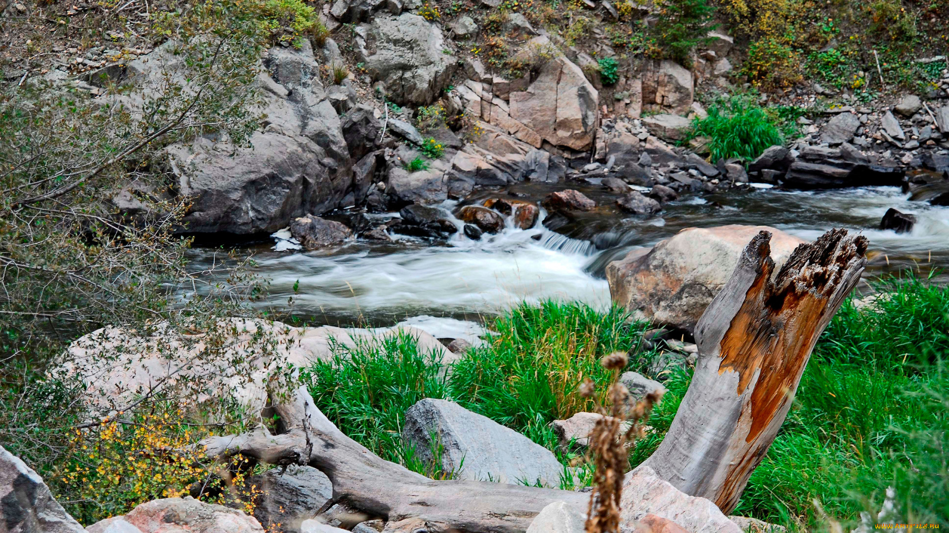 природа, реки, озера, склон, камни, ручей, коряга