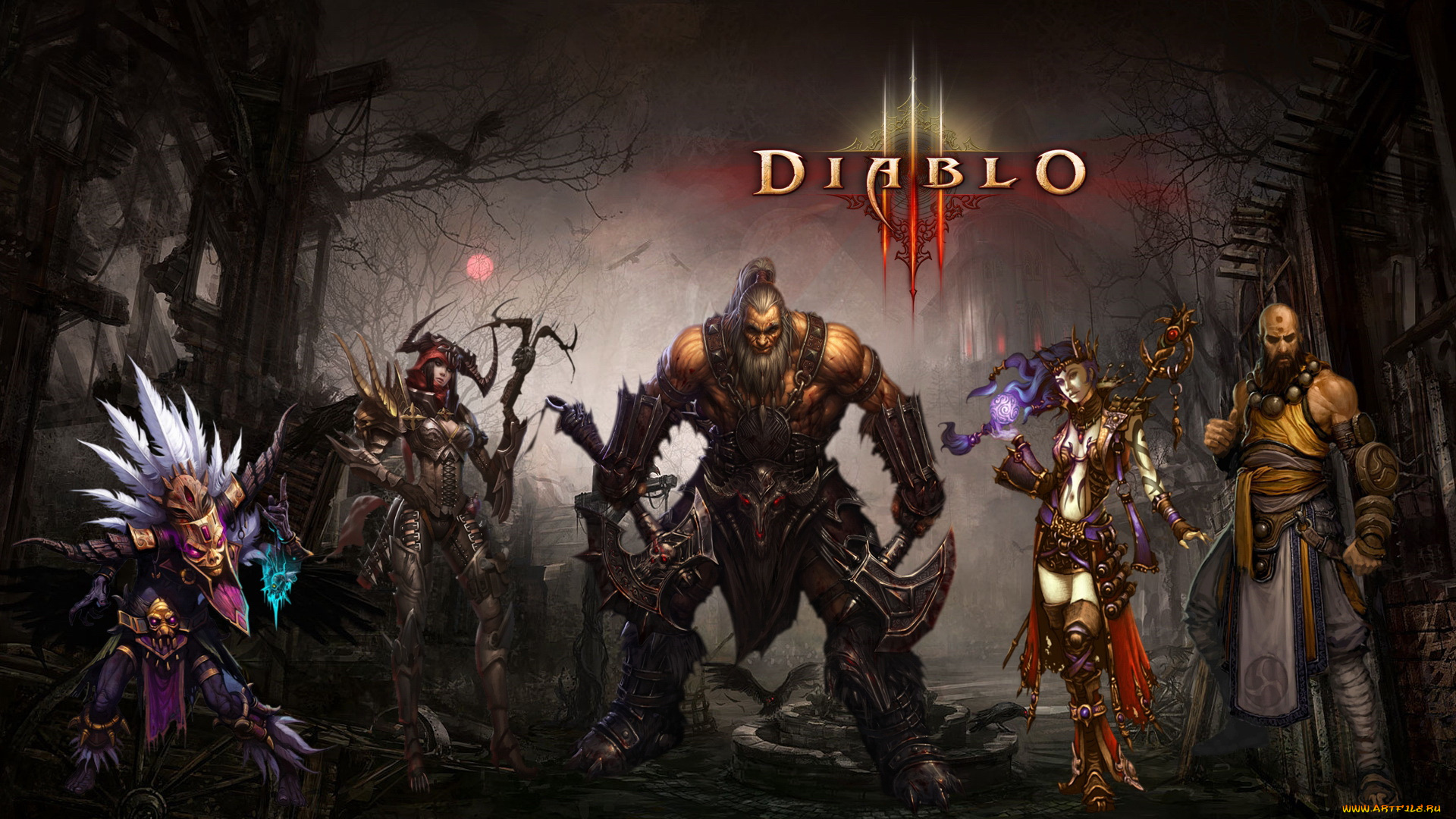 видео, игры, diablo, iii, город, деревья, ночь
