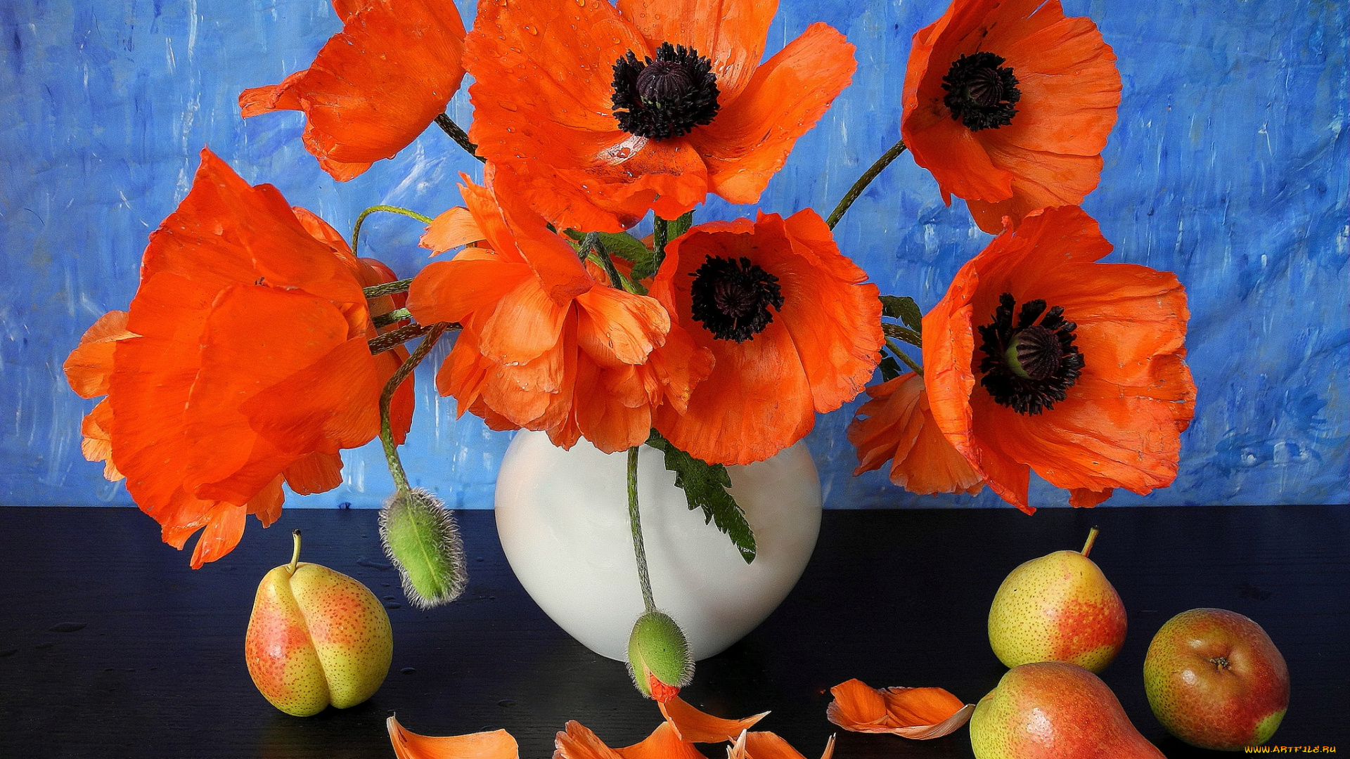 цветы, маки, груши, фон, букет