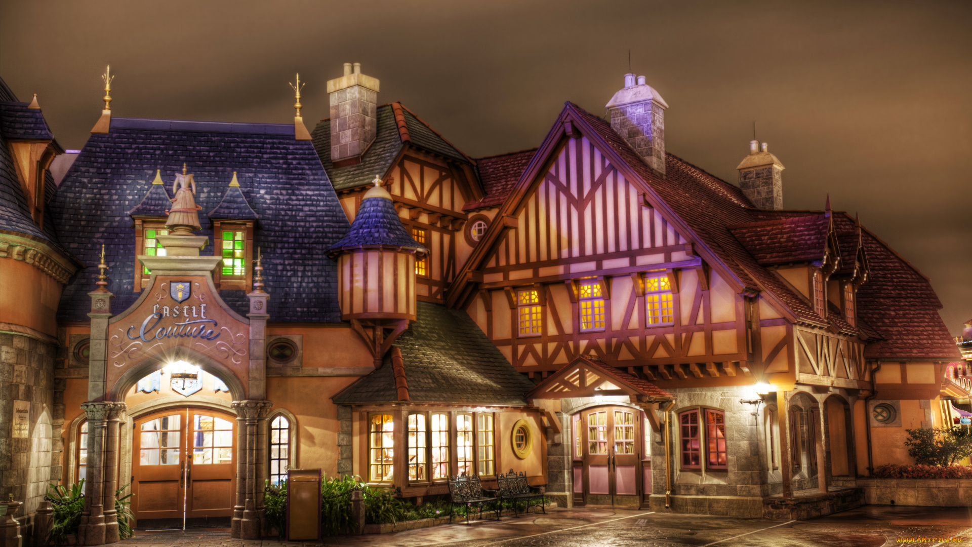 диснейленд, города, фонари, парк, павильоны, огни