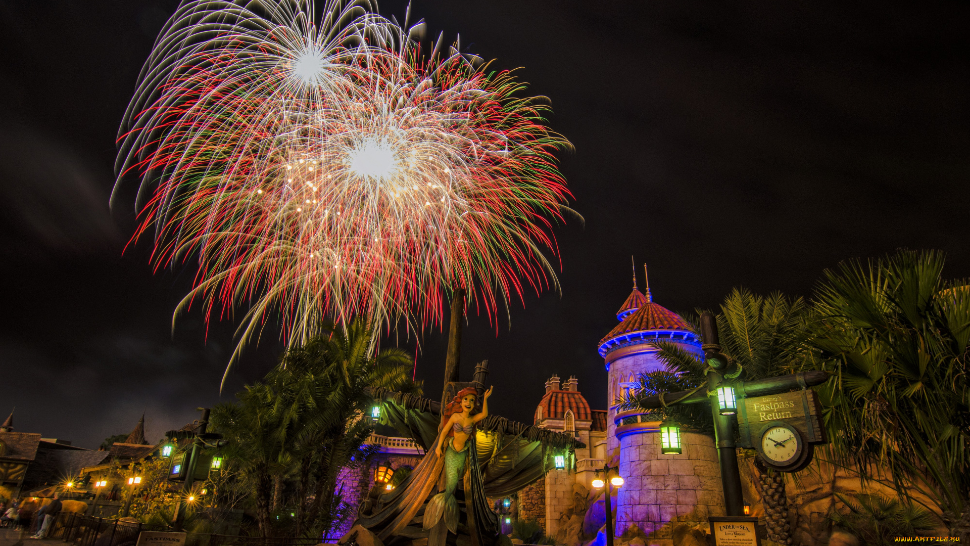 города, диснейленд, фейерверк