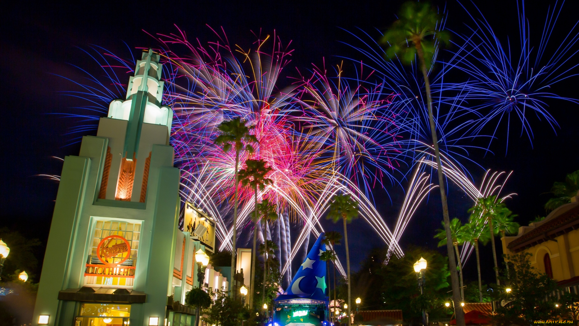 города, диснейленд, иллюминация, фейерверк, зрелище