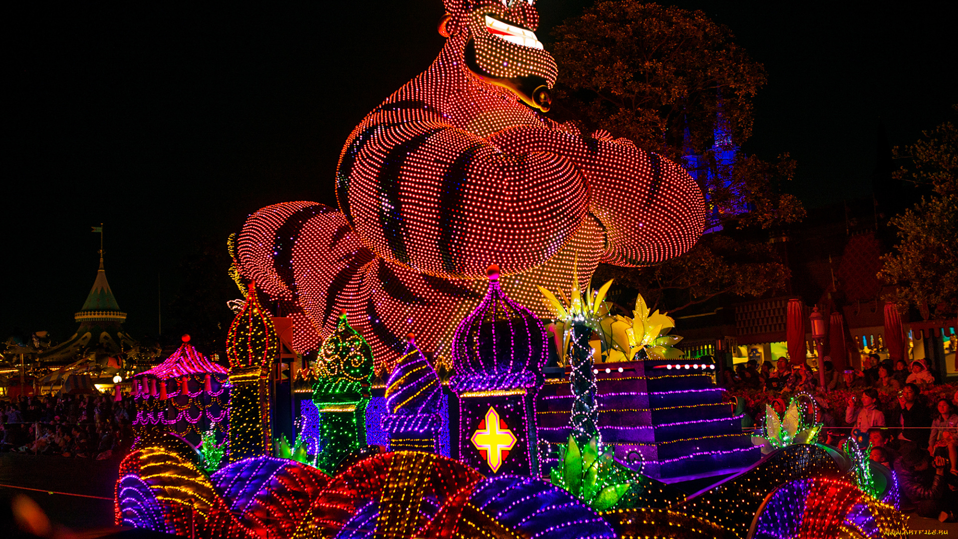 города, диснейленд, иллюминация, зрелище