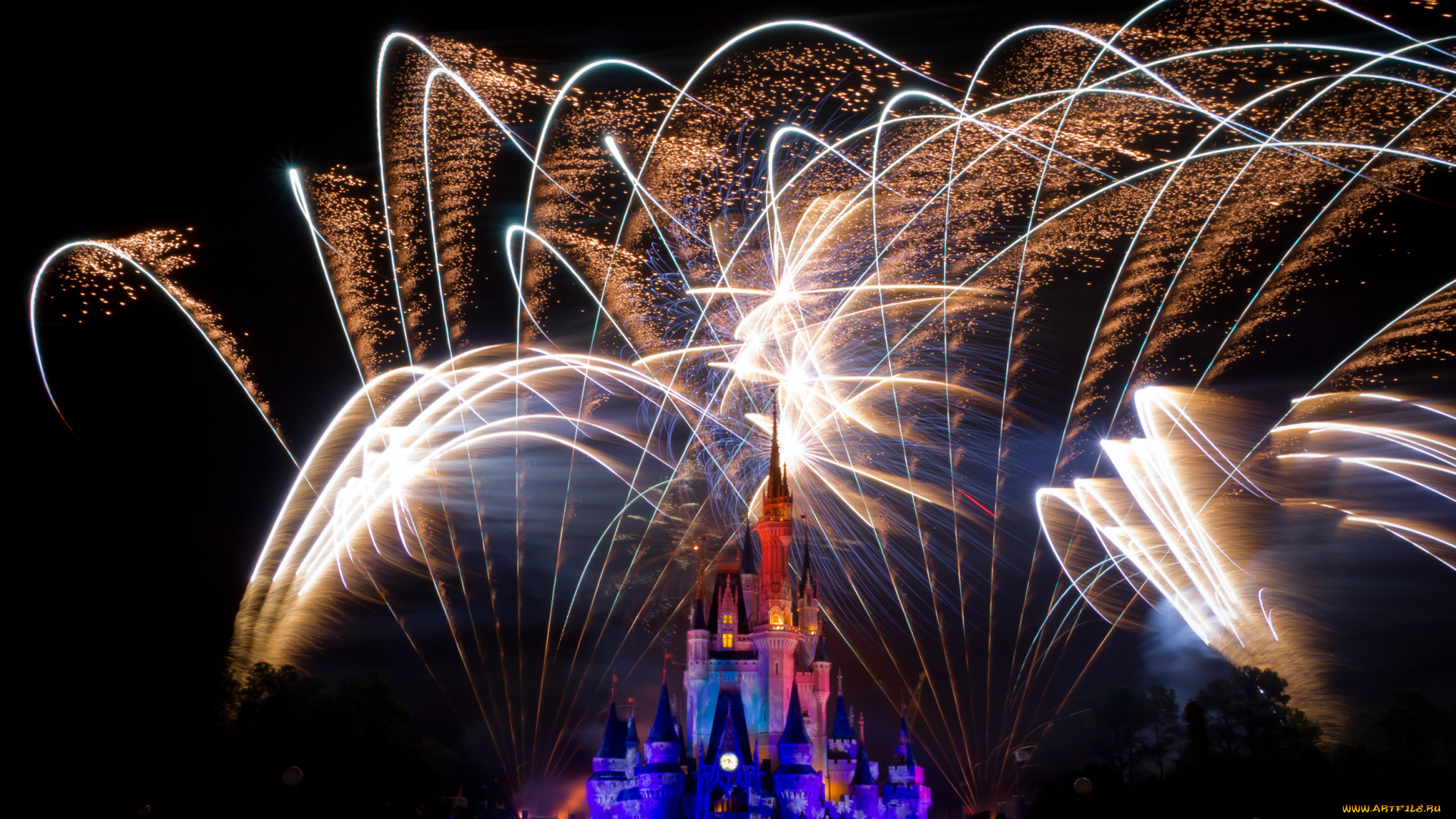 города, диснейленд, представление, замок, золушки, штат, флорида, сша, фейерверк, шоу, зрелище