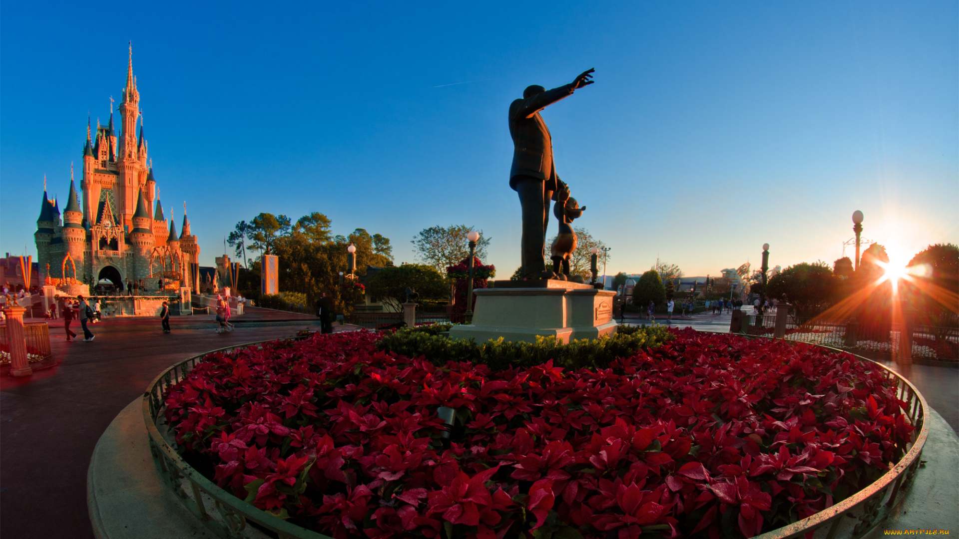 города, диснейленд, рассвет, солнце