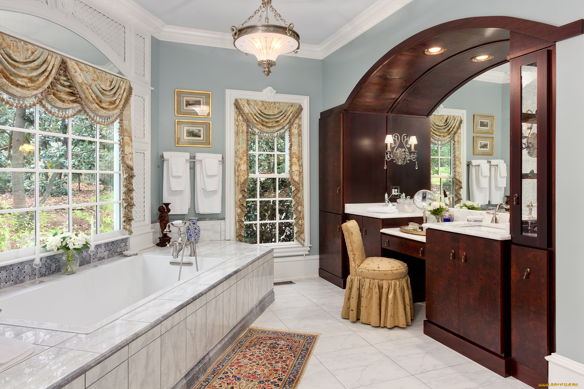 интерьер, ванная, туалетная, комнаты, ванна, зеркало, стул, окна