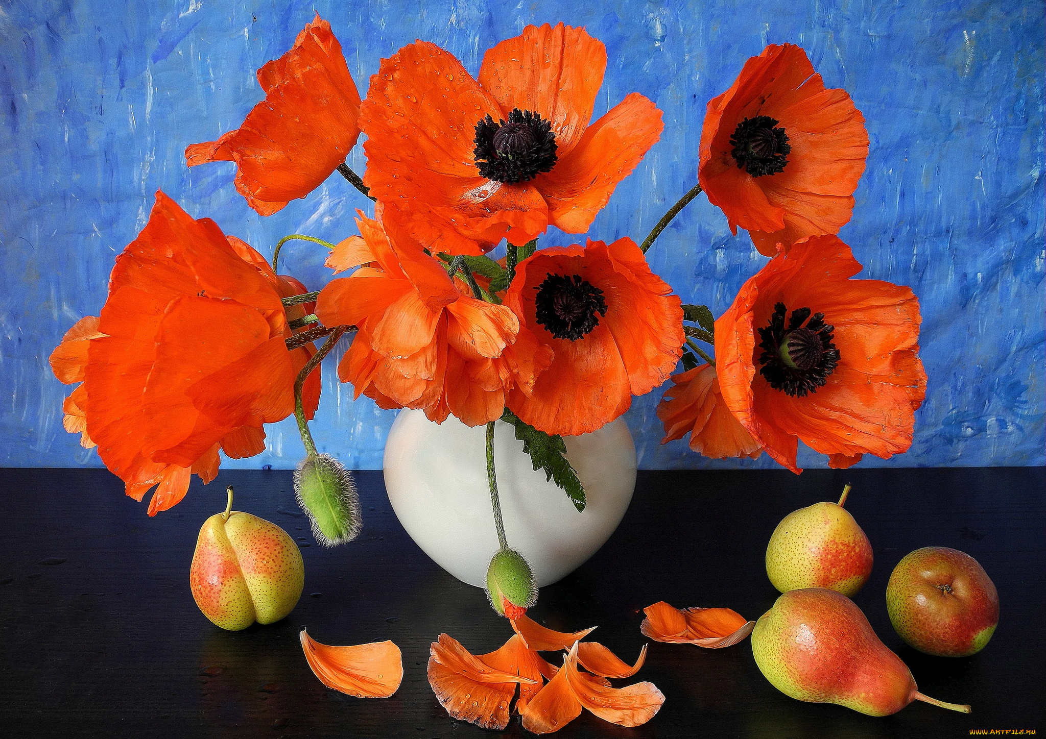 цветы, маки, груши, фон, букет