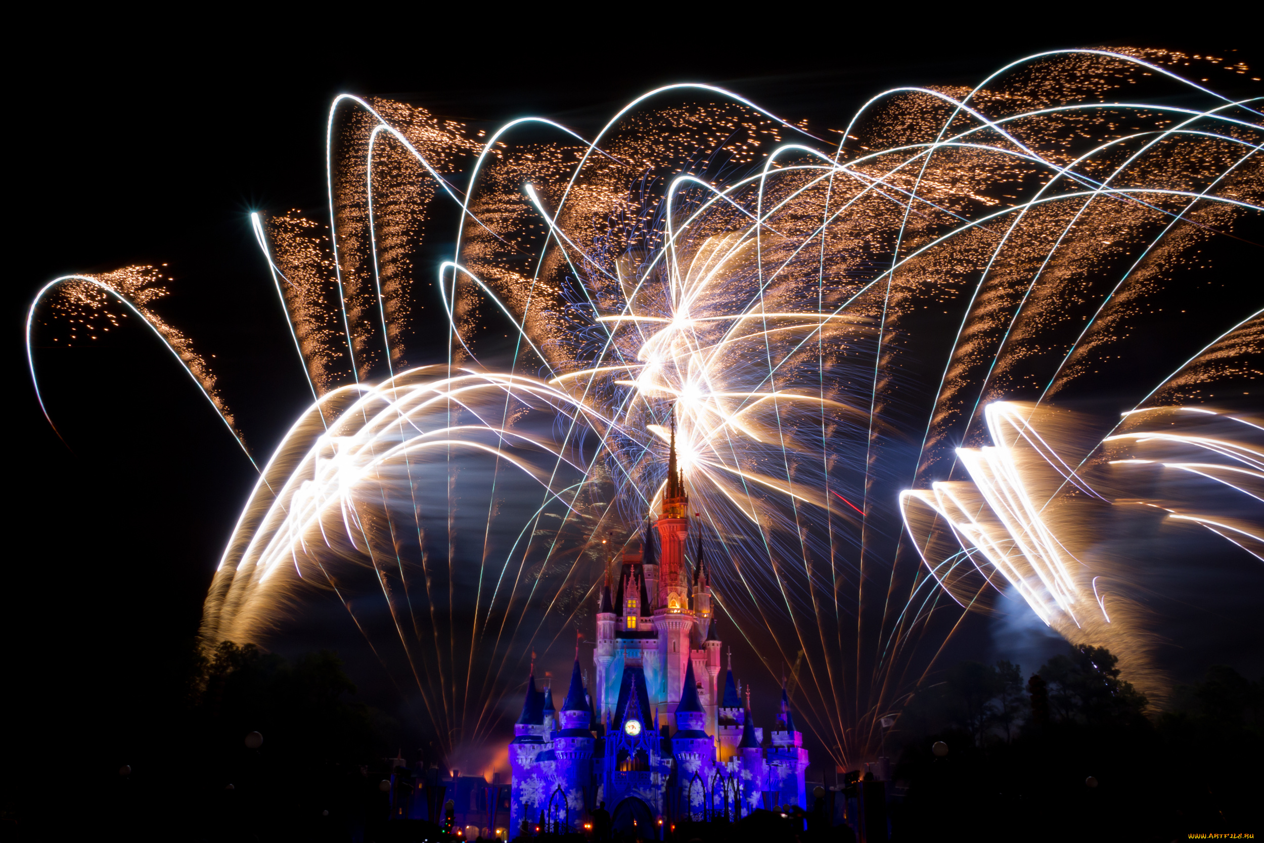 города, диснейленд, представление, замок, золушки, штат, флорида, сша, фейерверк, шоу, зрелище