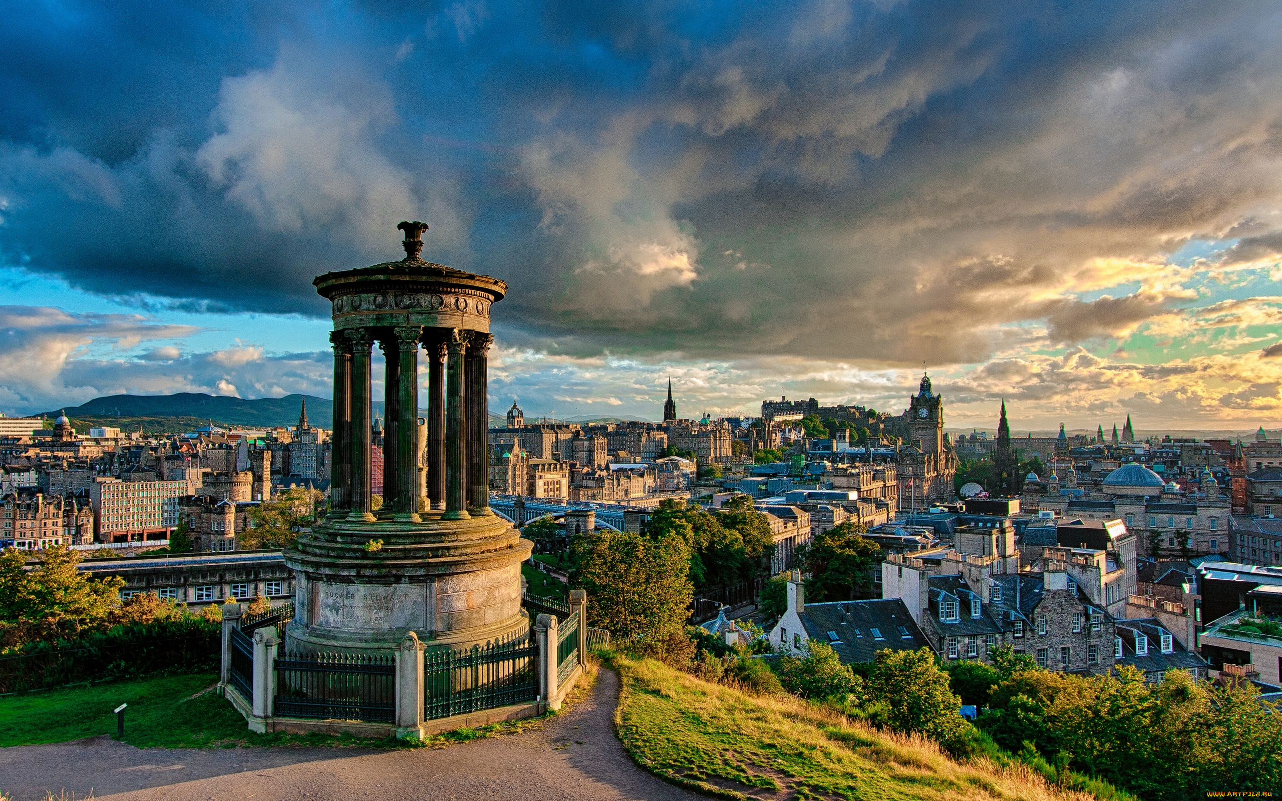 города, эдинбург, шотландия, calton, hill, великобритания, dugald, stewart, monument, edinburgh, scotland, панорама