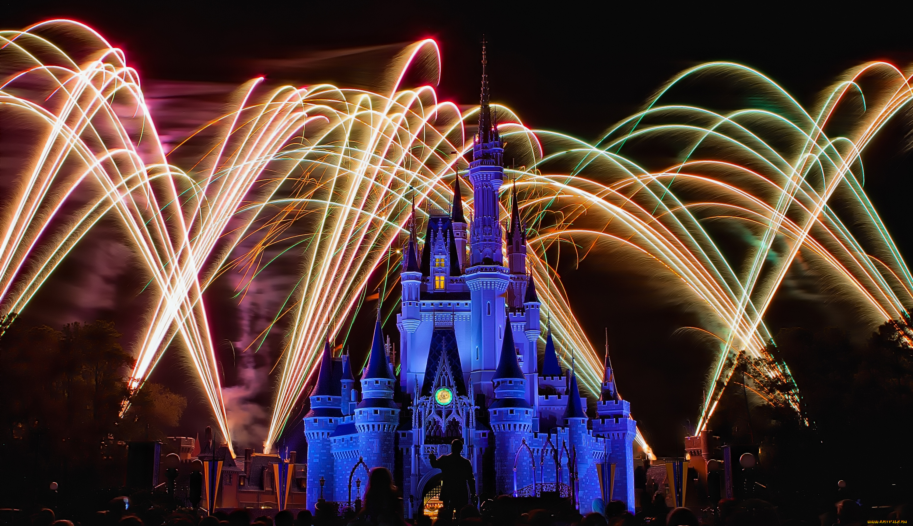 города, диснейленд, зрелище, представление, замок, золушки, штат, флорида, сша, фейерверк, шоу