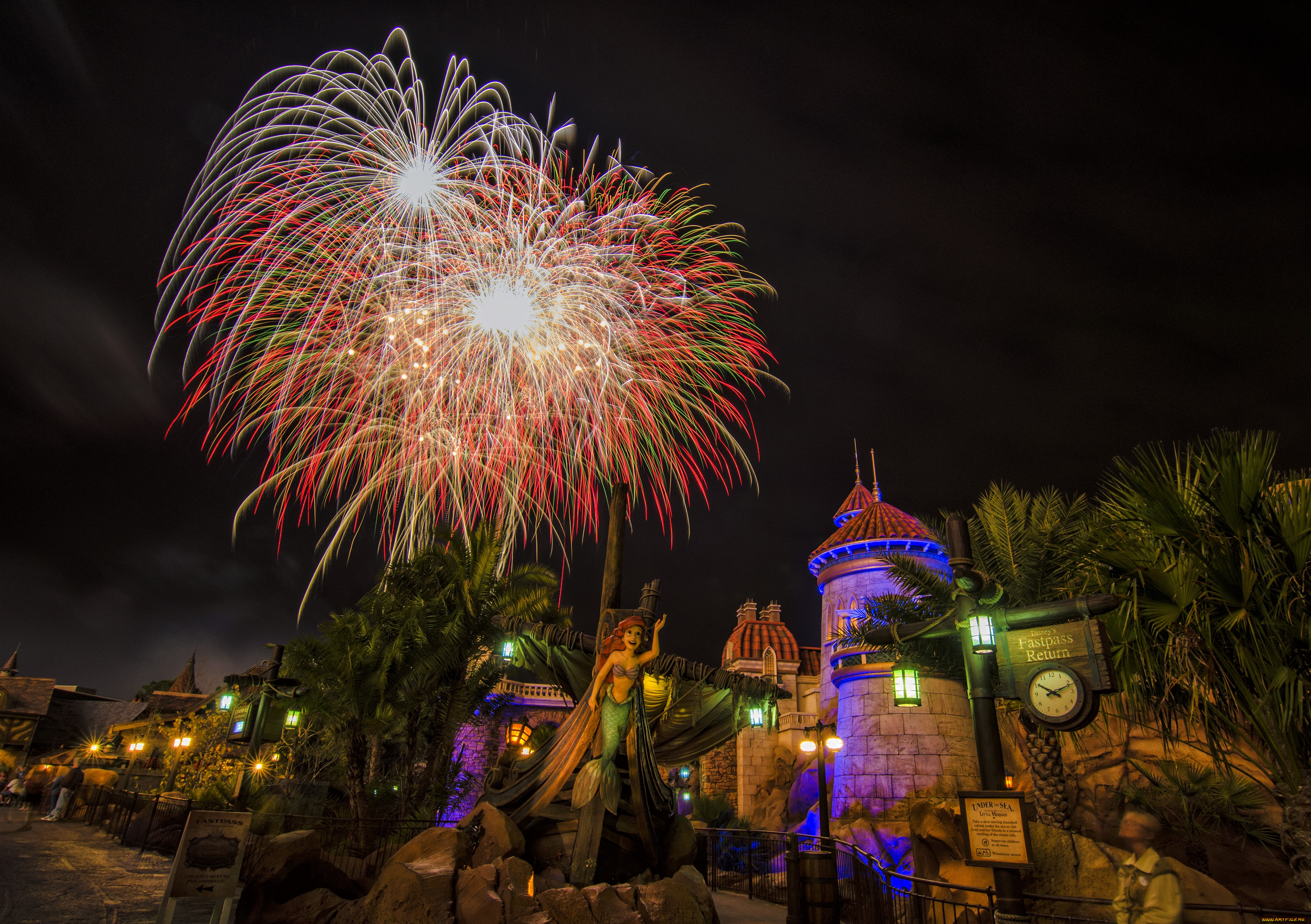 города, диснейленд, фейерверк
