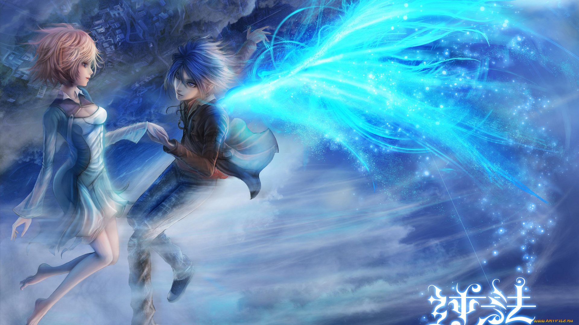 аниме, -halloween, &, magic, парень, девушка, полёт, крылья, магия