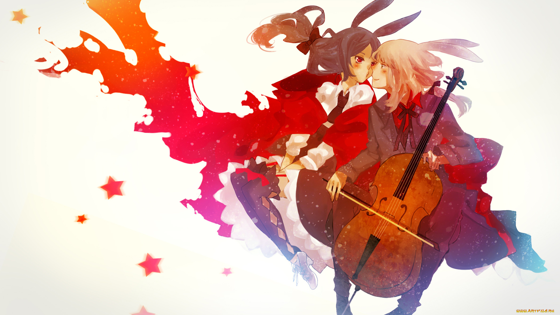 аниме, -headphones, &, instrumental, музыкальный, инструмент, уши, мальчик, девочка, звезды, облака